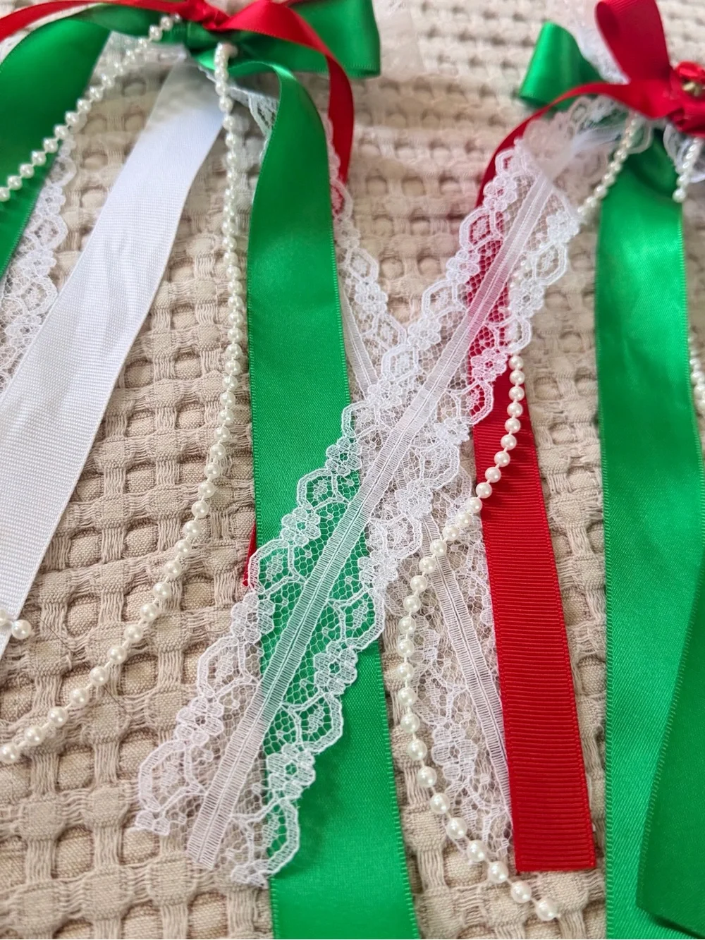Handmade Mexico Ribbon Bows‎ with Green, Red & White Accents